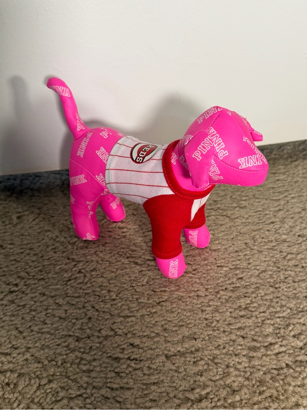 PINK Victoria's Secret Hot Pink Logo Plush Dog w/ Cincinnati Reds Shirt